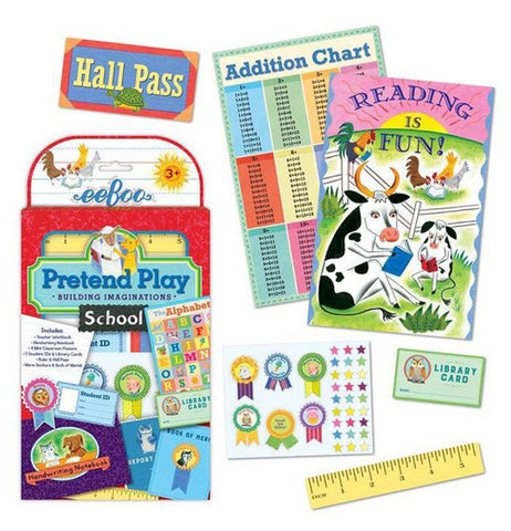 The packaging for the pretend play school kit shown with two posters, a hall pass, merit stickers, library card and ruler