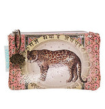 The "Sexy Animal" Coin Purse has the features of an artwork of a leopard and pink floral background along with contrast lining, zipper closure, and a lotus charm. 