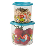 A two size set of semi-clear mermaid themed snack containers filled with cereal and strawberries