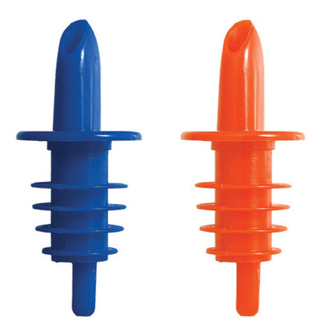 Set of 2 plastic pourers one blue and one orange.