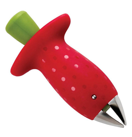 Strawberry Huller has a red body and a green top and a metal claw that separates the core from the strawberry.