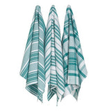 These checkered and striped dish towels are green and white.