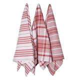 These three dish towels are red and white and have either a striped and checkered pattern