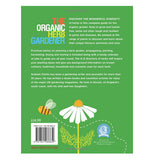 The back of the Organic Herb Gardener book has descriptions and an illustration of a daisy and a bee.