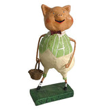 A "Three Little Pigs" figurine holding a basket wearing white pants and a green shirt with white stripes and a red bow tie on a green pedestal over a white background.