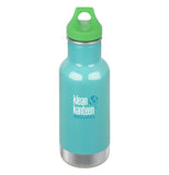 The turquoise steel bottle with white klean kanteen logo and a green loop cap.