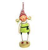 This is a rosy-cheeked female elf figurine wearing a green dress with a red and white stripped elf hat.