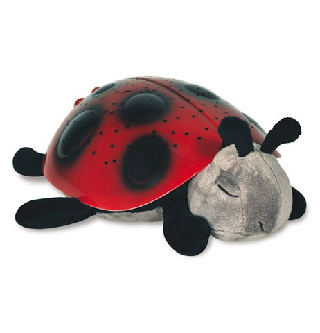 This toy is of a ladybug with a red shell covered with black dots. Its legs are black and it has a gray head with black antennae.