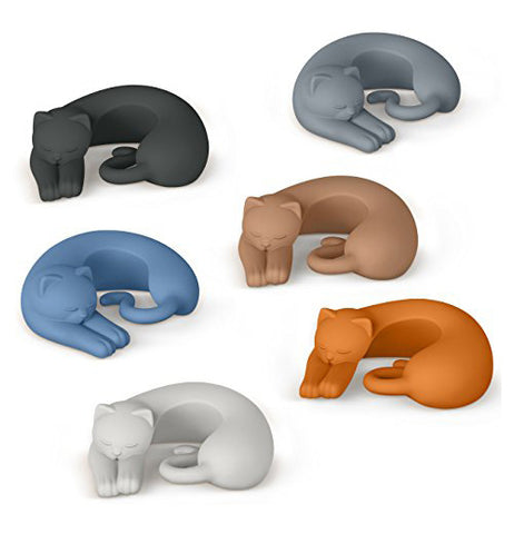 Six cat wine markers in different colors, blue, black, white, orange, brown, and gray, curled up.