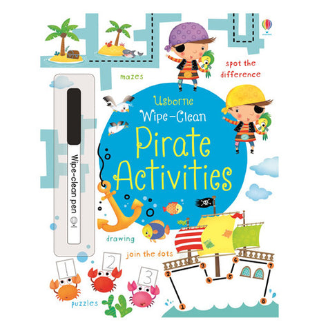 The "Wipe-Clean Pirate Activities" book contains the front page of the boy and girl wearing their pirates hats as well as a black pen. 