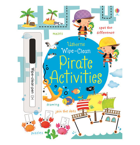 The "Wipe-Clean Pirate Activities" book contains the front page of the boy and girl wearing their pirates hats as well as a black pen.