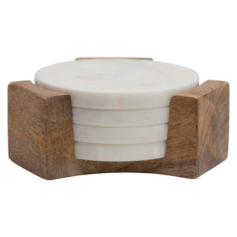 Round Marble Coasters With Mango Wood Case