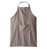 The brown apron has white pinstripes.