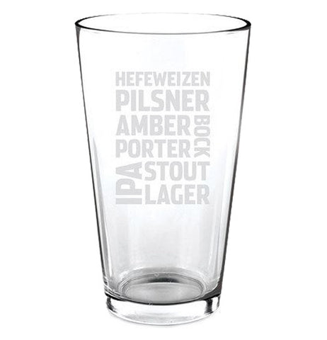 Clear pint glass featuring different beer types in white block text