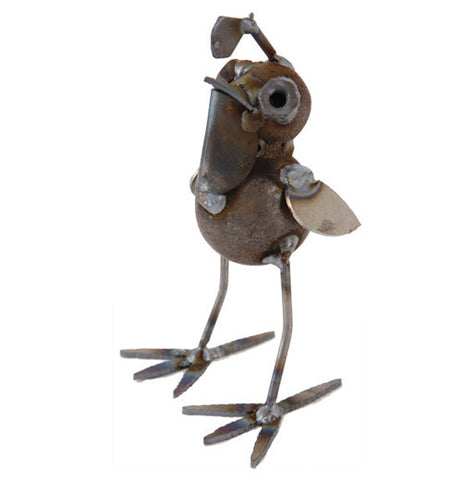 This cute metal baby quail sculpture's head is shown looking up as though to see where to fly off to next.