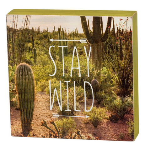 Desert picture cactus white text saying "Stay Wild" with arrows.