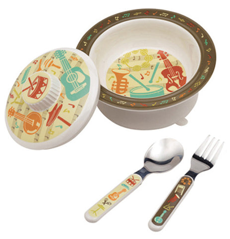 This is a 4 piece Baby Bowl with musical themes, and comes with a matching lid, spoon and fork