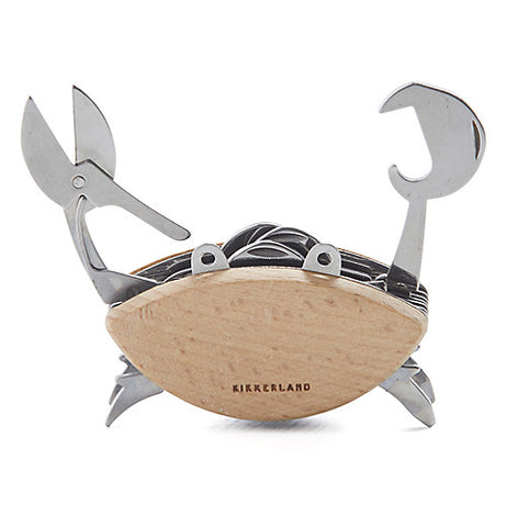 This Swiss army knife is shaped like a crab with its pincers open.