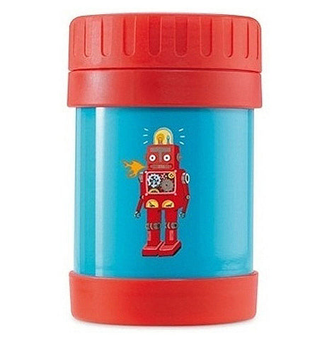 This Insulated food jar has a red lid and bottom with a blue background of a red robot.