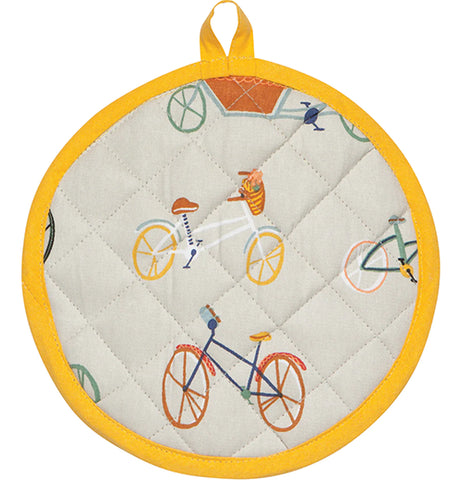 A circular white potholder with a yellow border and multi-color (white, orange, blue, green) bike design.