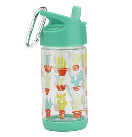 This 12 ounce teal see-through container is festively decorated with pastel potted cacti. 