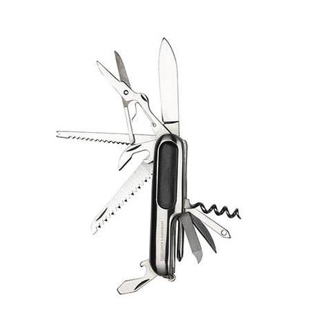 Penknife multi-tool displaying its different tools on a white background.