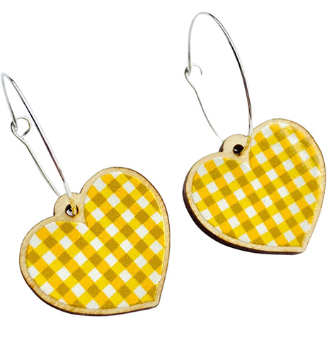 Yellow Gingham Print Heart Earrings