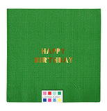 Green napkins that says "Happy Birthday." Shows color swatch of the other napkins.