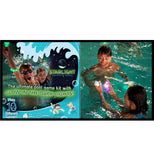 Two split images are shown; one of them features the image on the box of the kids playing with the lights in a pool. The other features a boy and mother playing with the lights in the pool.
