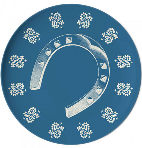 Blue coaster with a horseshoe in the middle.