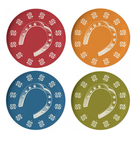 Four coasters in colors of orange, red, blue and green with a horseshoe in the middle.