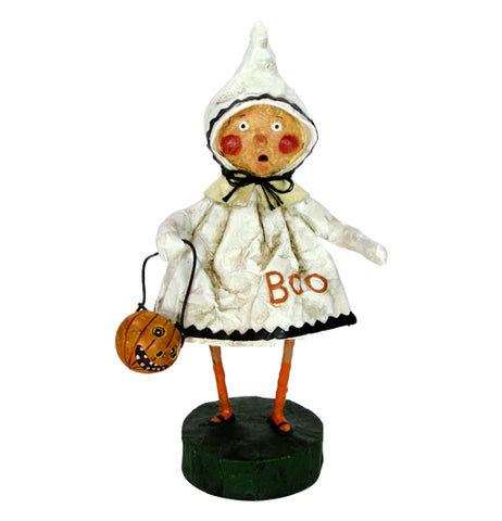 The "Little Boo" figurine wears a white ghost costume with black accents and the word "Boo" in orange letters along with an orange trick or treat bucket in her hand. 