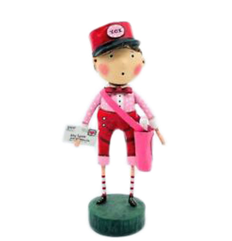 A polyresin figure of a mailman wearing a red hat with a pastel pink with the letters "X O X" on it, a red and pastel pink uniform with red bow tie, a hot pink letterbag, red and white striped socks, and black shoes. He is holding an addressed envelope. He stands on a green base.