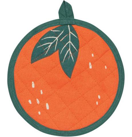 A circular orange potholder with a green border and green leaf design.