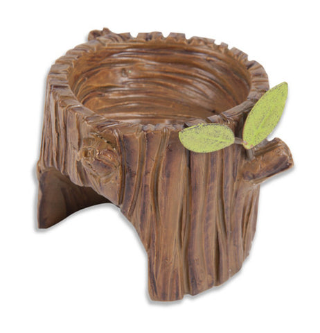 Miniture garden stump planter is brown with two leaves.