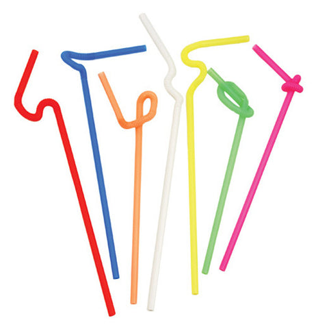 This is a set of seven super bendy straws. Each one is a different color, including red, blue, orange, white, yellow, green, and pink.