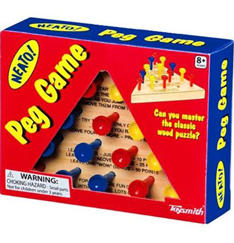 A wooden peg game in its package. The pack and pegs are red, yellow, and blue. The board is beige.