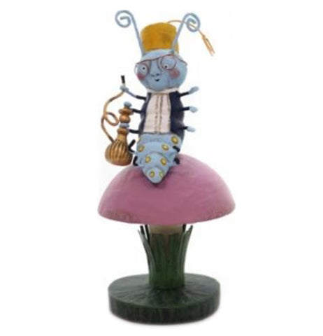 A light blue caterpillar in black coat and white shirt wearing a hat and glasses sitting on a toadstool holding a gold hookah.