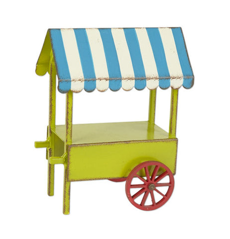 The Miniature vendor cart is green with a blue and white top and red wheels.