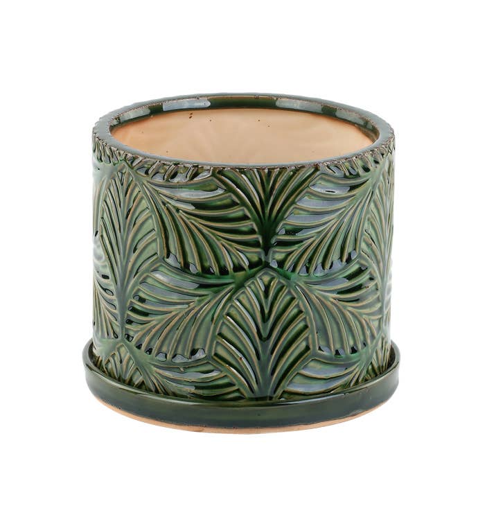 Green Embossed Leaf Planter with Attached Saucer
