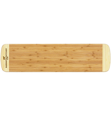 A long wooden cutting board directly from the top.