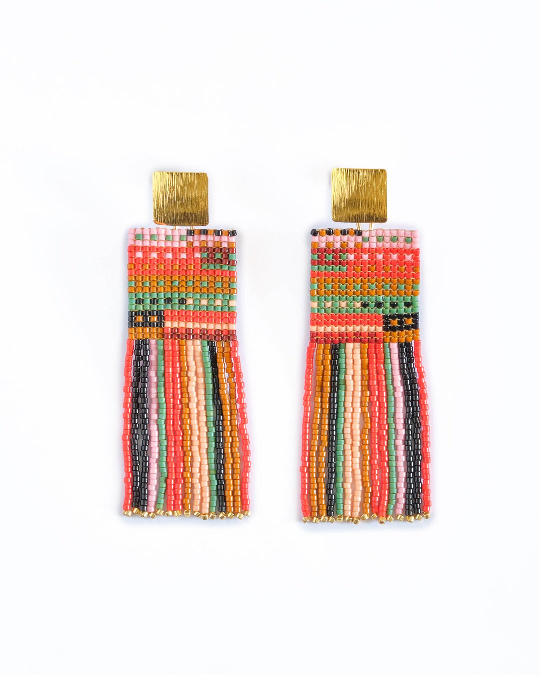 Beaded Handwoven Striped Knit Fringe Earrings (Warmed Earth)