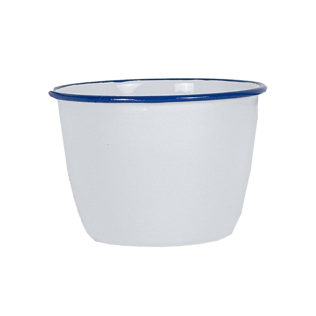 Enamelware Cache Pot, White with Cobalt Rim