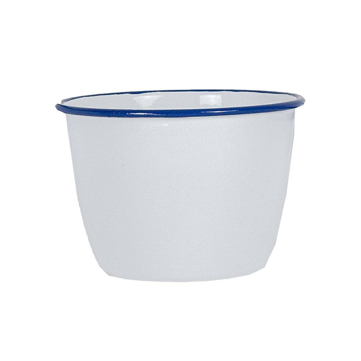 Enamelware Cache Pot, White with Cobalt Rim