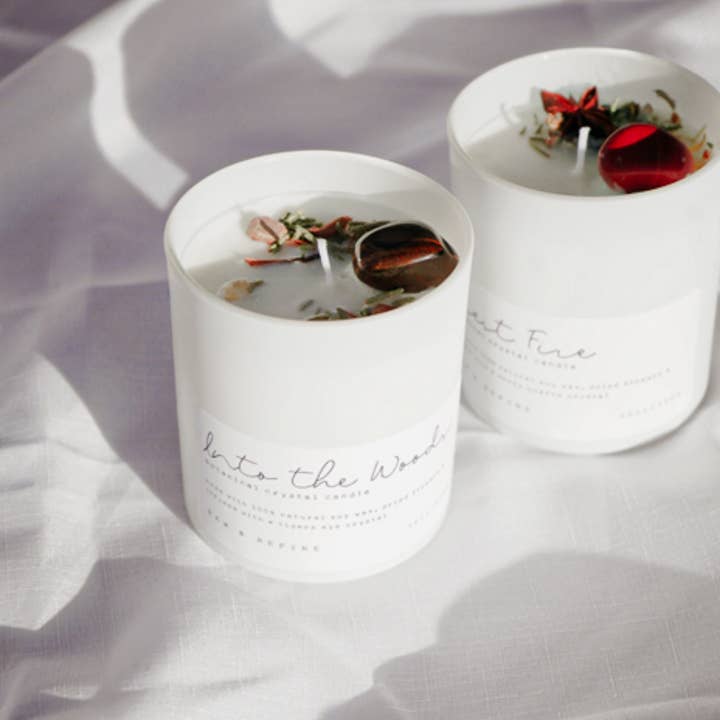 Botanical Crystal Candle Infused With Charged Gemstone: FOREST FIRE