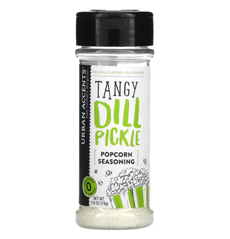 A clear container filled with white colored popcorn seasoning has a black top, and a black, white, and green label that reads "Gluten Free Tangy Dill Pickle Popcorn Seasoning; 0 calories per serving."