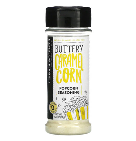 A clear container filled with white colored popcorn seasoning has a black top, and a black, white, and yellow label that reads "Gluten Free Buttery Caramel Corn Popcorn Seasoning; 0 calories per serving." There is a picture of a popcorn tub at the bottom right.