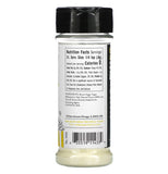A clear container filled with brown colored popcorn seasoning has a black top, it is showing the back of the product with all the nutritional facts, serving sizes and ingredients on the back with the bar code at the bottom.