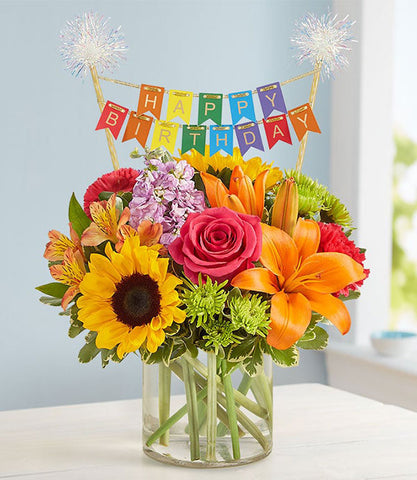 Floral Embrace with Happy Birthday Banner
