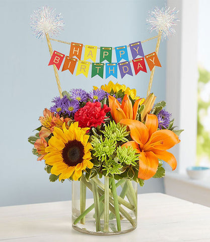 Floral Embrace with Happy Birthday Banner